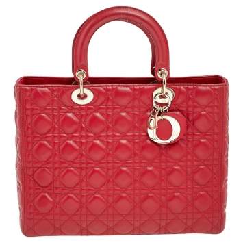 Pre Owned Dior Red Cannage Leather Large Lady Dior Tote