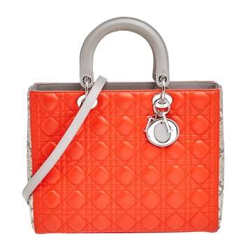 Pre Owned Dior Orange/Beige Python And Cannage Leather Lady Dior Tote