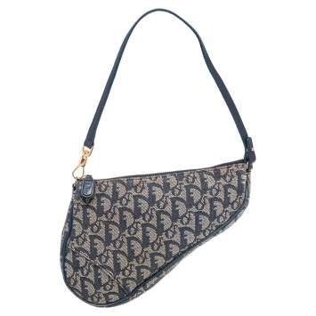 Pre Owned Dior Navy Blue/Grey Oblique Canvas and Leather Saddle Pochette Bag
