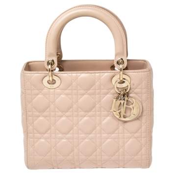 Pre Owned Dior Beige Cannage Leather Medium Lady Dior Tote 