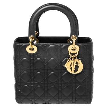 Pre Owned Dior Black Cannage Leather Medium Lady Dior Tote