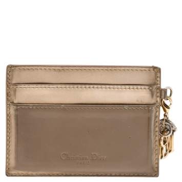 Pre Owned Dior Metallic Gold Micro Cannage Patent Leather Lady Dior Card Holder