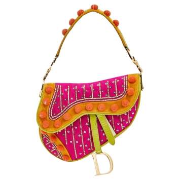 Pre Owned Dior Multicolor Velvet And Patent Leather Limited Edition Pom Pom Embellished Saddle Bag