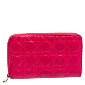Pre Owned Dior Pink Cannage Leather Zip Around Organizer Wallet