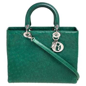 Pre Owned Dior Green Ostrich Large Lady Dior Tote