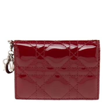 Pre Owned Dior Red Cannage Patent Leather Mini Lady Dior Card Case