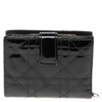 Pre Owned Dior Black Cannage Patent Leather Lady Dior Compact Wallet