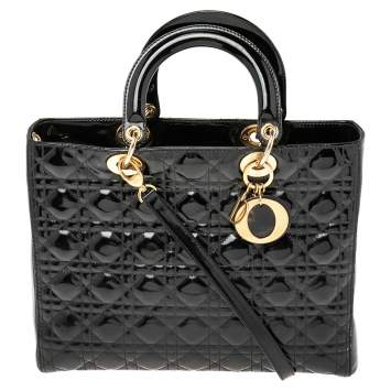 Pre Owned Dior Black Cannage Patent Leather Large Lady Dior Tote