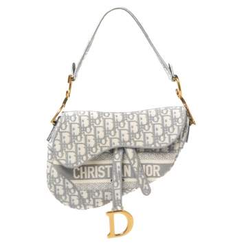 Pre Owned Dior Grey/White Oblique Embroidered Canvas Saddle Bag