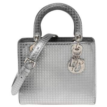 Pre Owned Dior Metallic Silver Micro Cannage Patent Leather Medium Lady Dior Tote