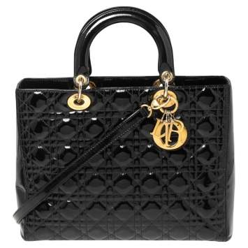 Pre Owned Dior Black Cannage Patent Leather Large Lady Dior Tote