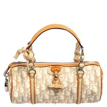 Pre Owned Dior White/Beige Trotter Coated Canvas and Leather Romantique Duffel Bag
