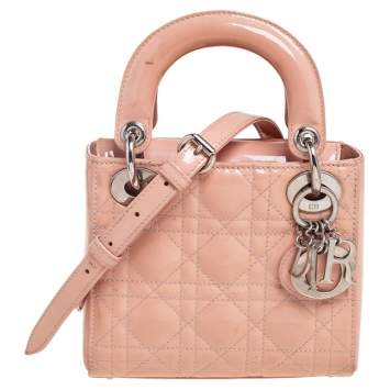 Pre Owned Dior Beige Cannage Patent Leather Mini Lady Dior Tote