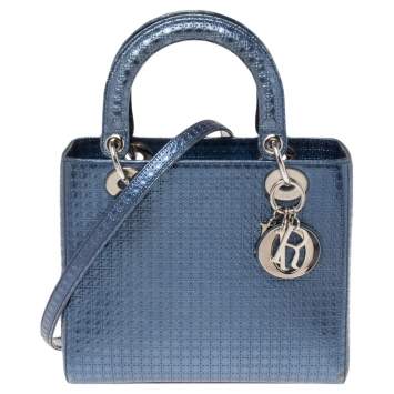 Pre Owned Dior Metallic Blue Micro Cannage Leather Medium Lady Dior Tote