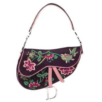 Pre Owned Dior Purple Embroidered Silk Limited Edition 0220 Floral And Koi Saddle Bag