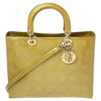 Pre Owned Dior Avocado Green Cannage Patent Leather Large Lady Dior Tote