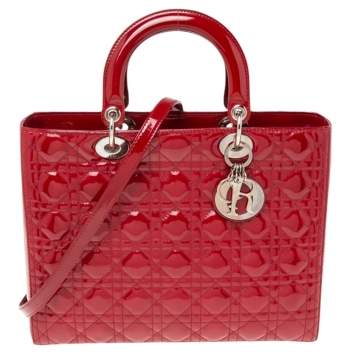 Pre Owned Dior Dark Red Cannage Patent Leather Large Lady Dior Tote