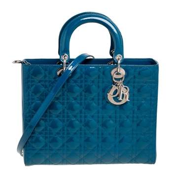 Pre Owned Dior Teal Blue Cannage Patent Leather Large Lady Dior Tote
