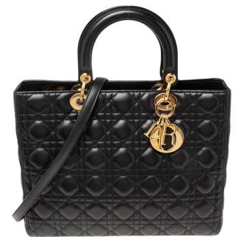 Pre Owned Dior Black Cannage Leather Large Lady Dior Tote