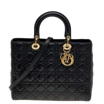 Pre Owned Dior Black Cannage Leather Large Lady Dior Tote