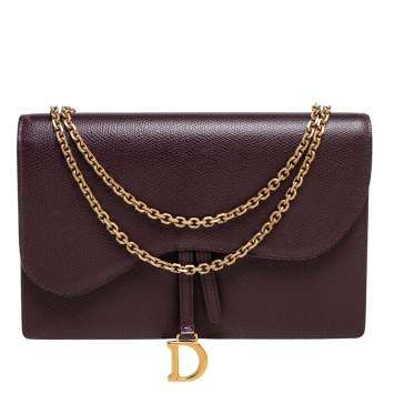 Pre Owned Dior Burgundy Leather Saddle Chain Flap Shoulder Bag