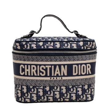 Pre Owned Dior Blue Oblique Canvas Travel Vanity Case Top Handle Bag