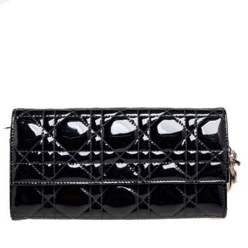 Pre Owned Dior Black Cannage Patent Leather Lady Dior Continental Wallet