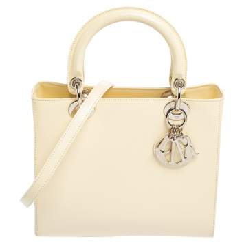Pre Owned Dior Cream Glazed Leather Medium Lady Dior Tote
