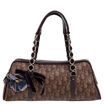 Pre Owned Dior Brown Oblique Coated Canvas, Velvet and Leather Trotter Romantique Satchel