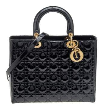 Pre Owned Dior Black Cannage Patent Leather Large Lady Dior Tote
