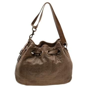Pre Owned Dior Dark Beige Cannage Leather Medium Drawstring Tote