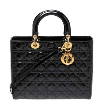 Pre Owned Dior Black Cannage Patent Leather Large Lady Dior Tote