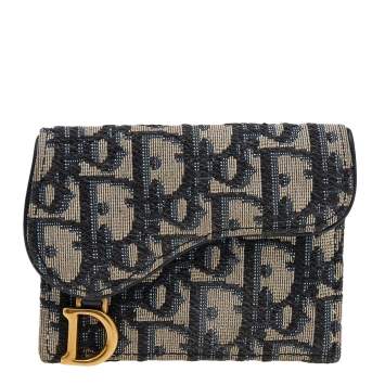 Pre Owned Dior Navy Blue/Beige Oblique Canvas Saddle Wallet