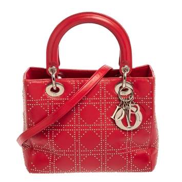Pre Owned Christian Dior Red Leather Medium Cannage Studded Vintage Lady Dior Tote