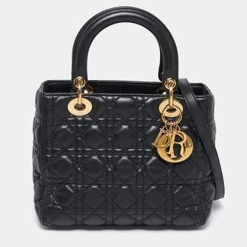Pre Owned Dior Black Cannage Leather Medium Lady Dior Tote