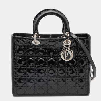 Pre Owned Dior Black Cannage Patent Leather Large Lady Dior Tote