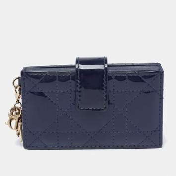 Pre Owned Dior Blue Cannage Patent Leather Lady Dior 5 Gusset Card Holder