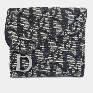 Pre Owned Dior Black Oblique Canvas Saddle Compact Wallet