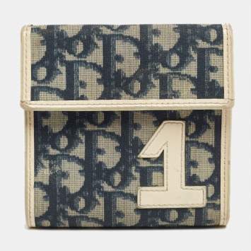 Pre Owned Dior Navy Blue/White Oblique Coated Denim and Patent Leather Trotter Trifold Wallet
