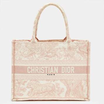 Pre Owned Dior Pink/White Embroidered Canvas Toile de Jouy Medium Book Tote