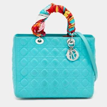 Pre Owned Dior Turquoise Blue Cannage Leather Large Lady Dior Tote