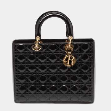 Pre Owned Dior Black Cannage Patent Leather Large Lady Dior Tote