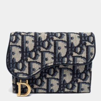 Pre Owned Dior Blue Oblique Jacquard Saddle 5 Gusset Card Holder