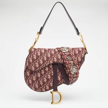 Pre Owned Dior Burgundy Oblique Canvas And Leather Saddle Shoulder Bag