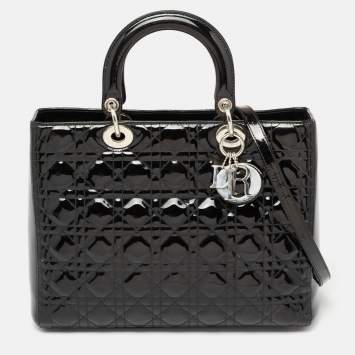 Pre Owned Dior Black Patent Cannage Leather Large Lady Dior Tote