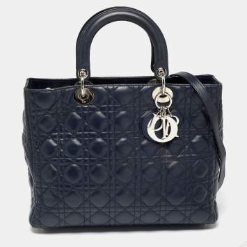 Pre Owned Dior Navy Blue Cannage Leather Large Lady Dior Tote