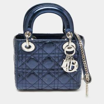 Pre Owned Dior Metallic Blue Cannage Crinkled Leather Mini Lady Dior Tote