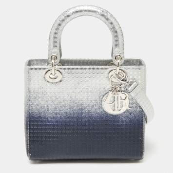 Pre Owned Dior Metallic Ombre Silver Microcannage Patent Leather Medium Lady Dior Tote 