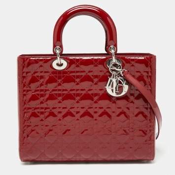 Pre Owned Dior Red Cannage Patent Leather Large Lady Dior Tote