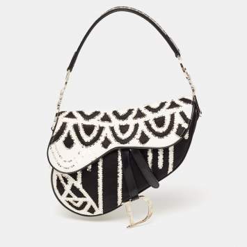 Pre Owned Dior Black/White Fabric and Sequins Saddle Bag